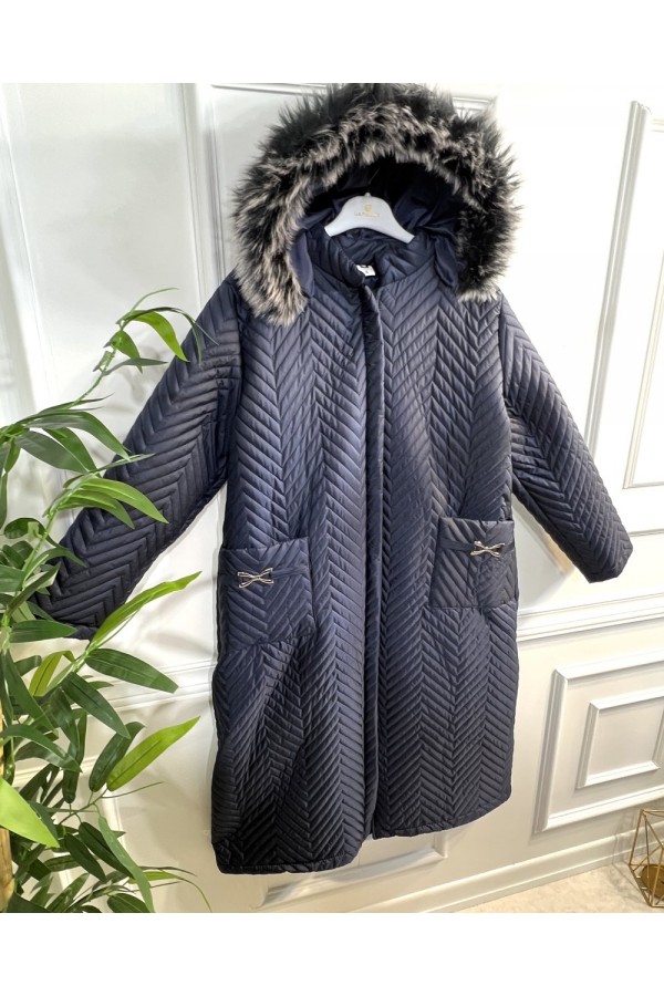 Zigana Kapşonlu Uzun Kapitone Kaban - Lacivert Zigana Kapşonlu Uzun Kapitone Kaban - Lacivert