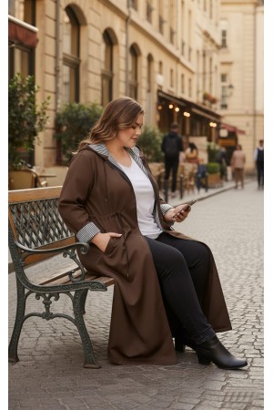 Açelya İçi Çizgili Tam Boy Trenç - Kahverengi