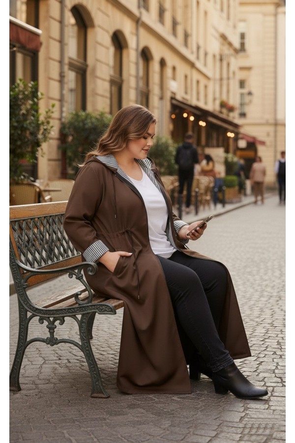 Açelya İçi Çizgili Tam Boy Trenç - Kahverengi