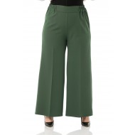 Mayra  Yan Cepli Dabıl Krep Bol Paça Pantolon - Haki