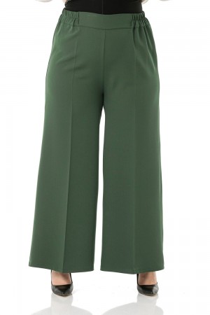 Mayra  Yan Cepli Dabıl Krep Bol Paça Pantolon - Haki