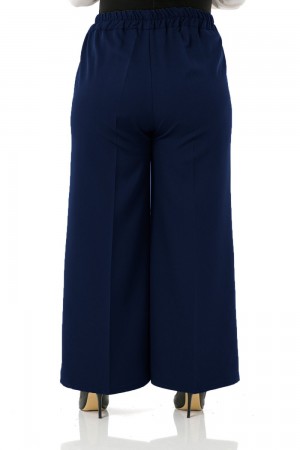 Mayra  Yan Cepli Dabıl Krep Bol Paça Pantolon - Lacivert
