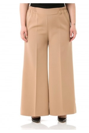 Mayra  Yan Cepli Dabıl Krep Bol Paça Pantolon - Vizon