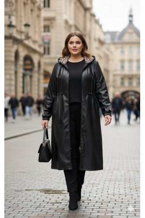 Benna Beli Büzgülü Kapşonlu  Ara Boy Deri Trenç - Siyah