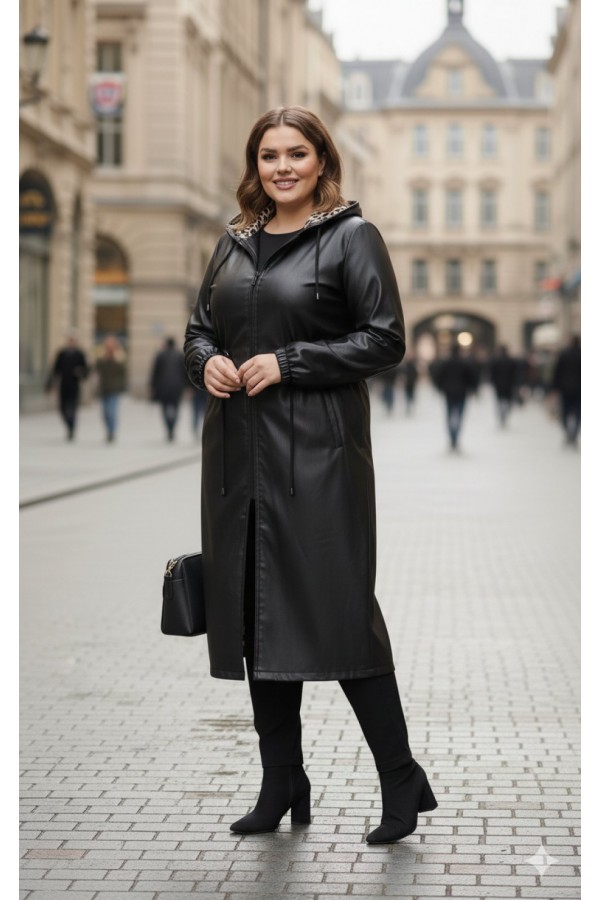 Benna Beli Büzgülü Kapşonlu  Ara Boy Deri Trenç - Siyah