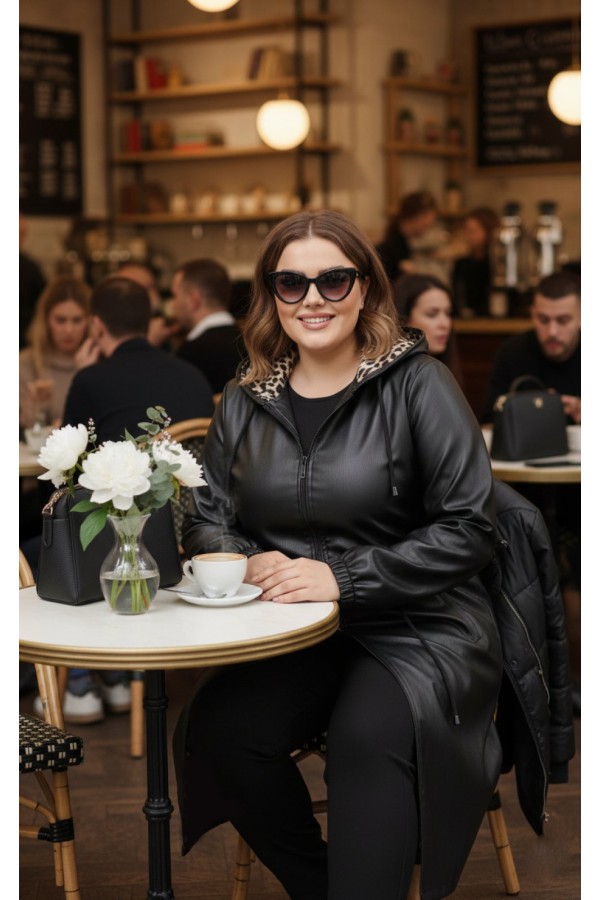 Benna Beli Büzgülü Kapşonlu  Ara Boy Deri Trenç - Siyah