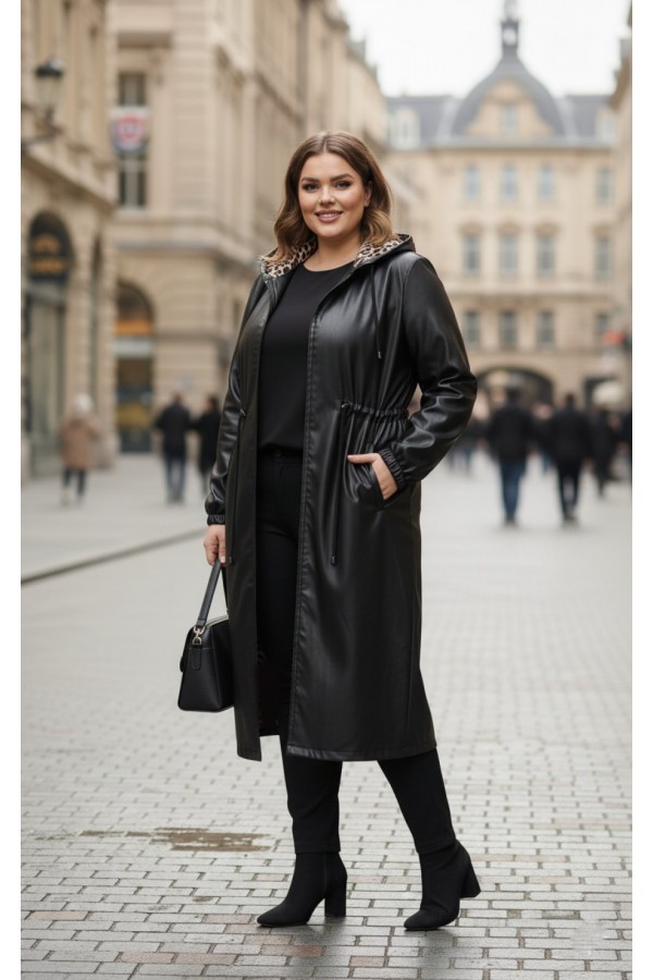 Benna Beli Büzgülü Kapşonlu  Ara Boy Deri Trenç - Siyah