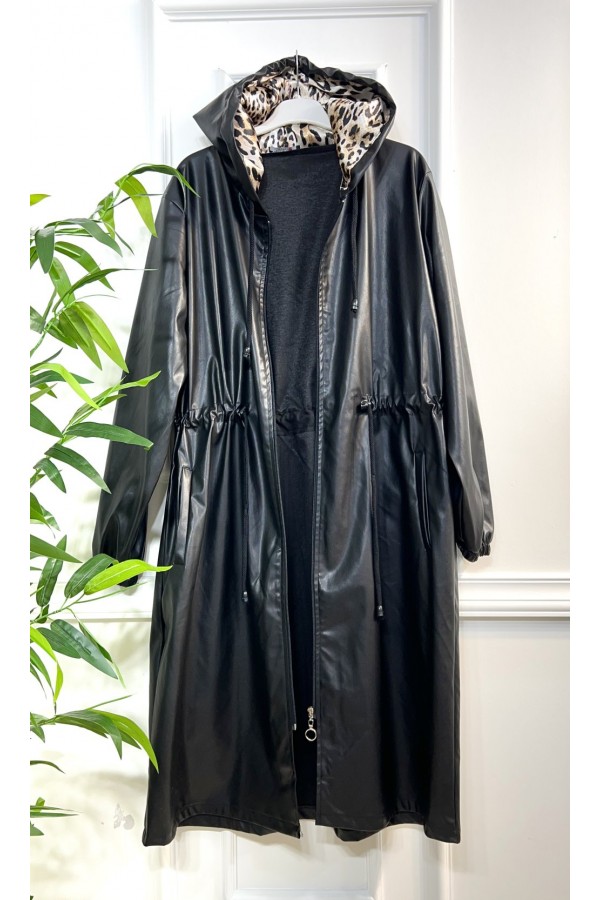 Benna Beli Büzgülü Kapşonlu  Ara Boy Deri Trenç - Siyah