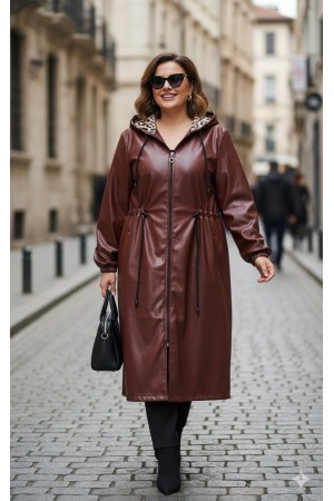 Benna Beli Büzgülü Kapşonlu  Ara Boy Deri Trenç - Bordo