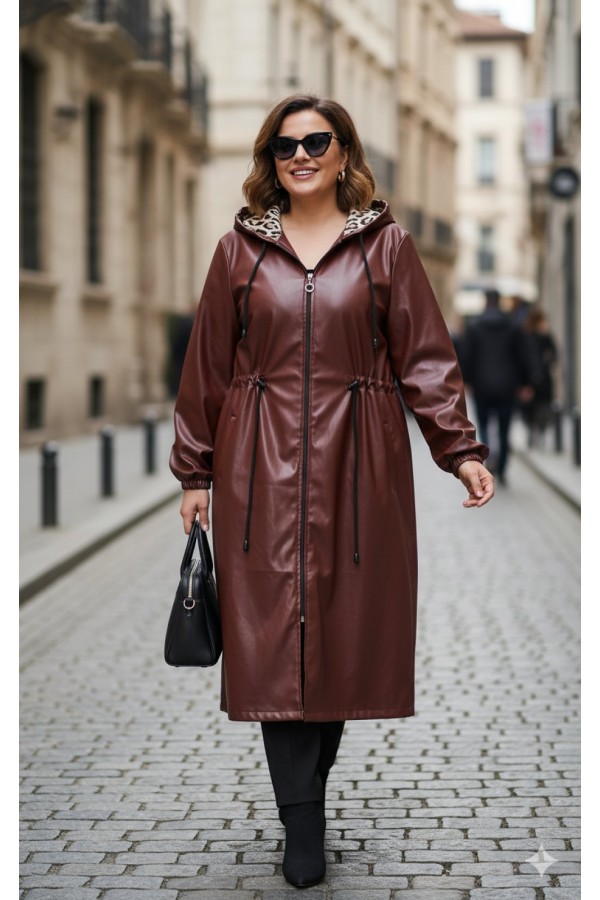 Benna Beli Büzgülü Kapşonlu  Ara Boy Deri Trenç - Bordo