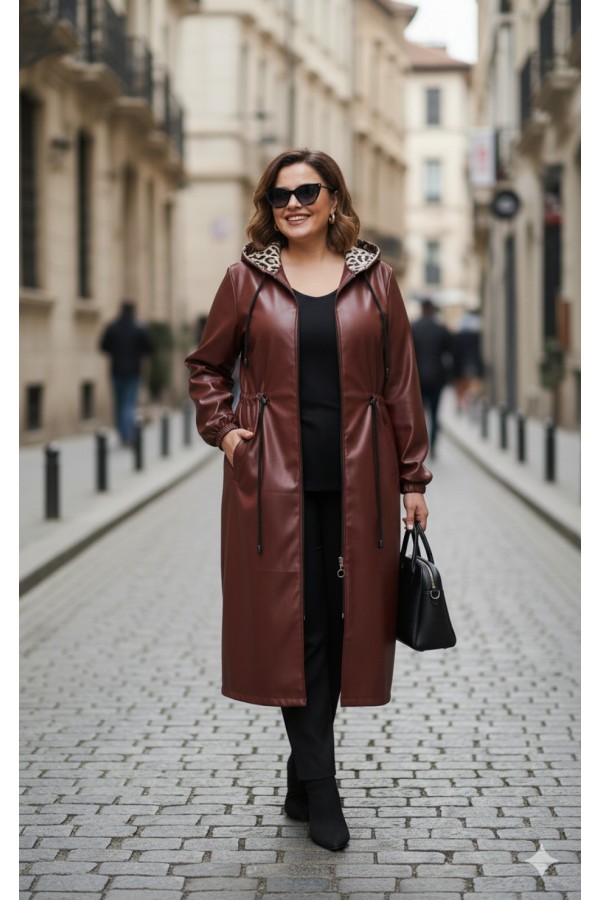 Benna Beli Büzgülü Kapşonlu  Ara Boy Deri Trenç - Bordo