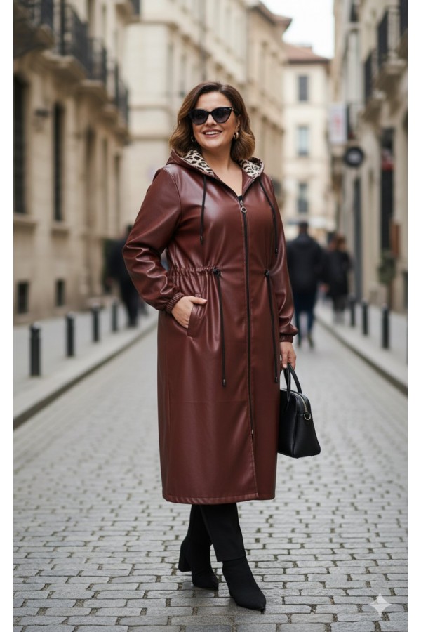 Benna Beli Büzgülü Kapşonlu  Ara Boy Deri Trenç - Bordo