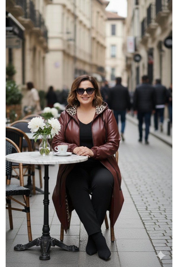 Benna Beli Büzgülü Kapşonlu  Ara Boy Deri Trenç - Bordo