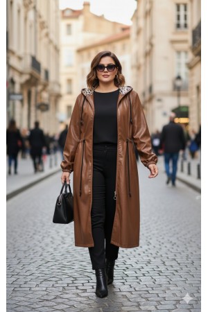 Benna Beli Büzgülü Kapşonlu  Ara Boy Deri Trenç - Taba