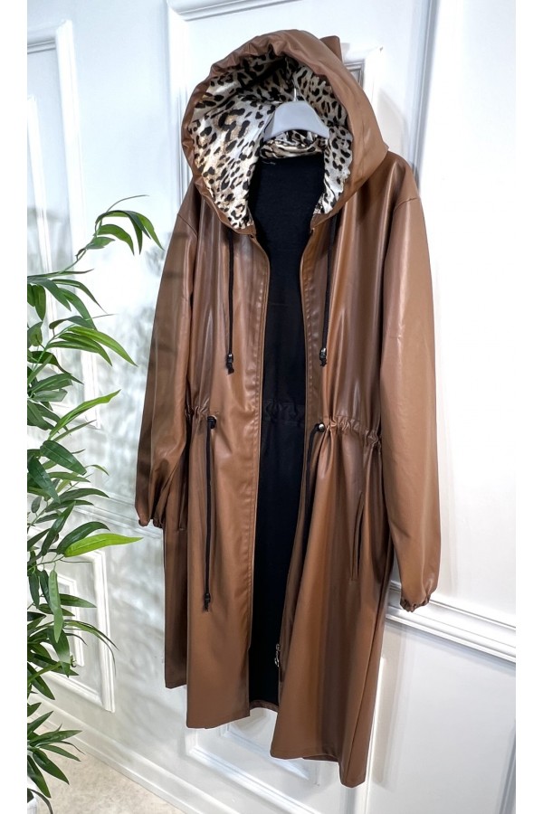 Benna Beli Büzgülü Kapşonlu  Ara Boy Deri Trenç - Taba