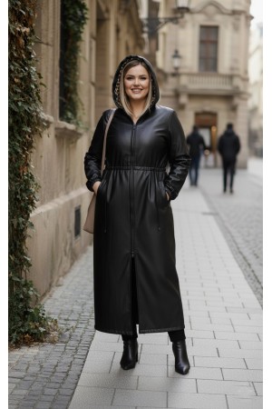 Lema Beli Büzgülü Kapşonlu Tam Boy Deri Trenç - Siyah 