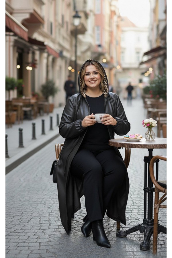 Lema Beli Büzgülü Kapşonlu Tam Boy Deri Trenç - Siyah 