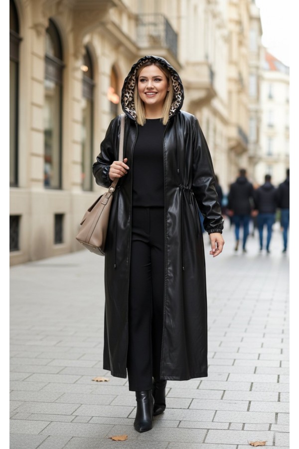 Lema Beli Büzgülü Kapşonlu Tam Boy Deri Trenç - Siyah 