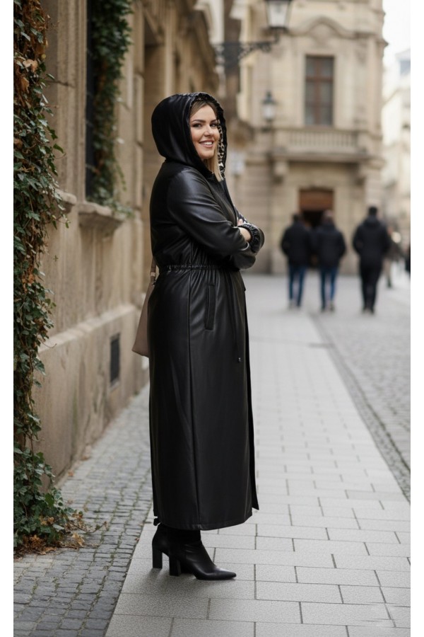 Lema Beli Büzgülü Kapşonlu Tam Boy Deri Trenç - Siyah 