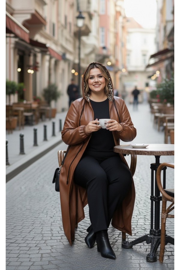 Lema Beli Büzgülü Kapşonlu Tam Boy Deri Trenç - Taba