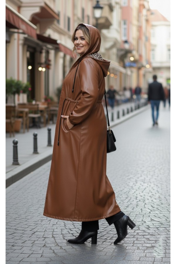 Lema Beli Büzgülü Kapşonlu Tam Boy Deri Trenç - Taba