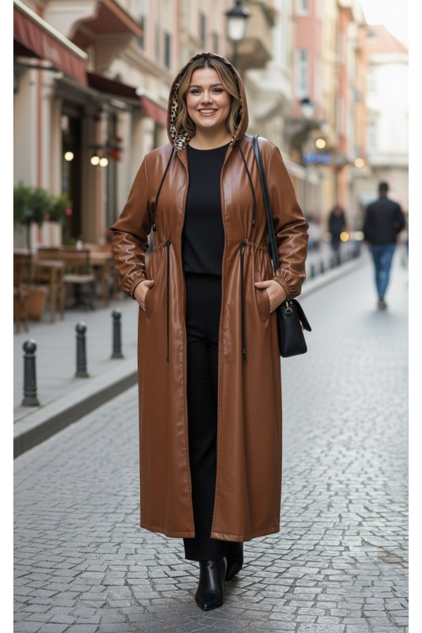 Lema Beli Büzgülü Kapşonlu Tam Boy Deri Trenç - Taba