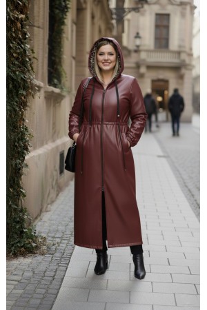 Lema Beli Büzgülü Kapşonlu Tam Boy Deri Trenç - Bordo