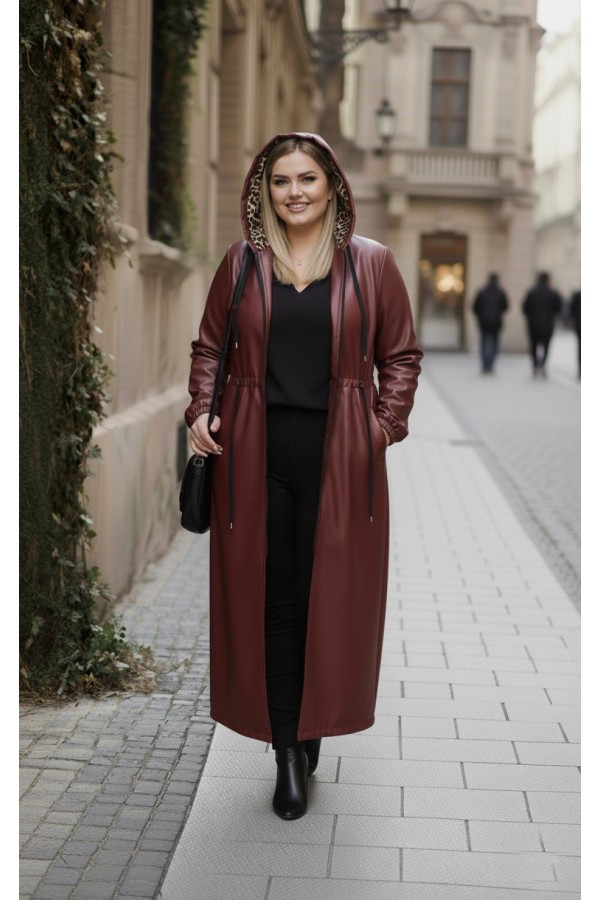 Lema Beli Büzgülü Kapşonlu Tam Boy Deri Trenç - Bordo
