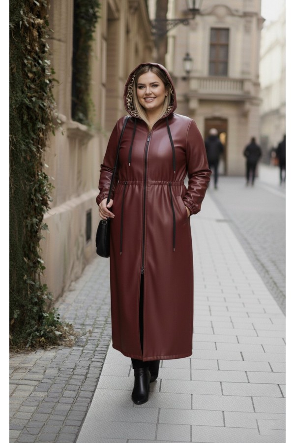 Lema Beli Büzgülü Kapşonlu Tam Boy Deri Trenç - Bordo