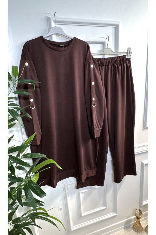 Cindy Kolları Halka Detaylı İki İplik Penye Takım - Kahverengi Cindy Kolları Halka Detaylı İki İplik Penye Takım - Kahverengi