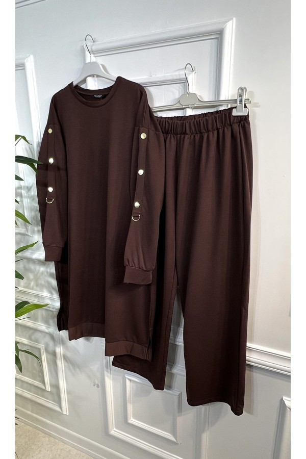 Cindy Kolları Halka Detaylı İki İplik Penye Takım - Kahverengi Cindy Kolları Halka Detaylı İki İplik Penye Takım - Kahverengi