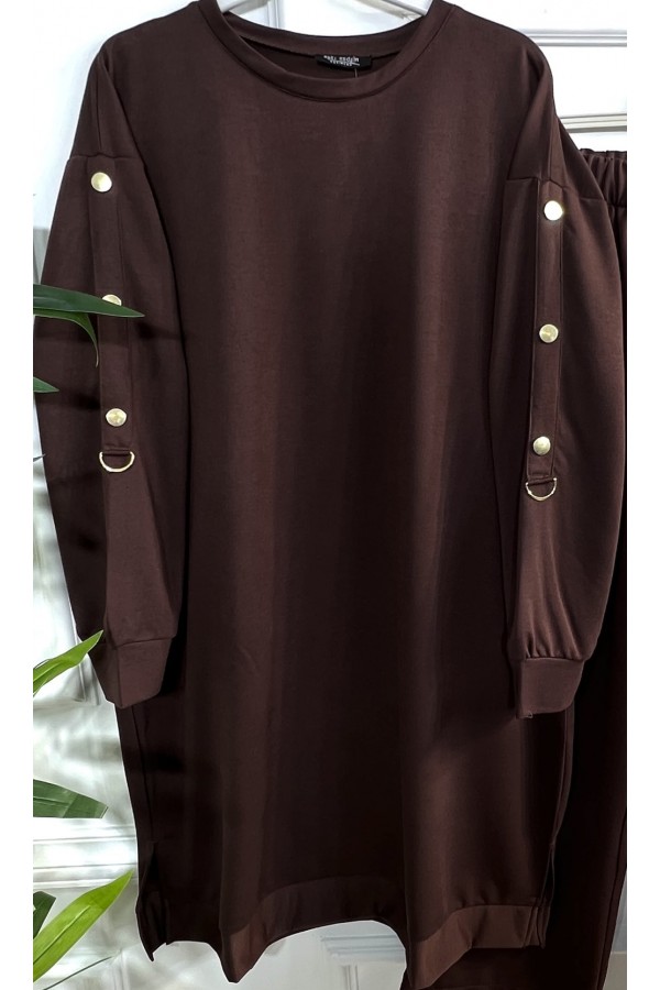 Cindy Kolları Halka Detaylı İki İplik Penye Takım - Kahverengi Cindy Kolları Halka Detaylı İki İplik Penye Takım - Kahverengi