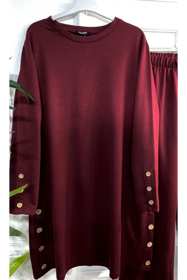 Helen Düğme Detaylı İki İplik Penye Takım - Bordo