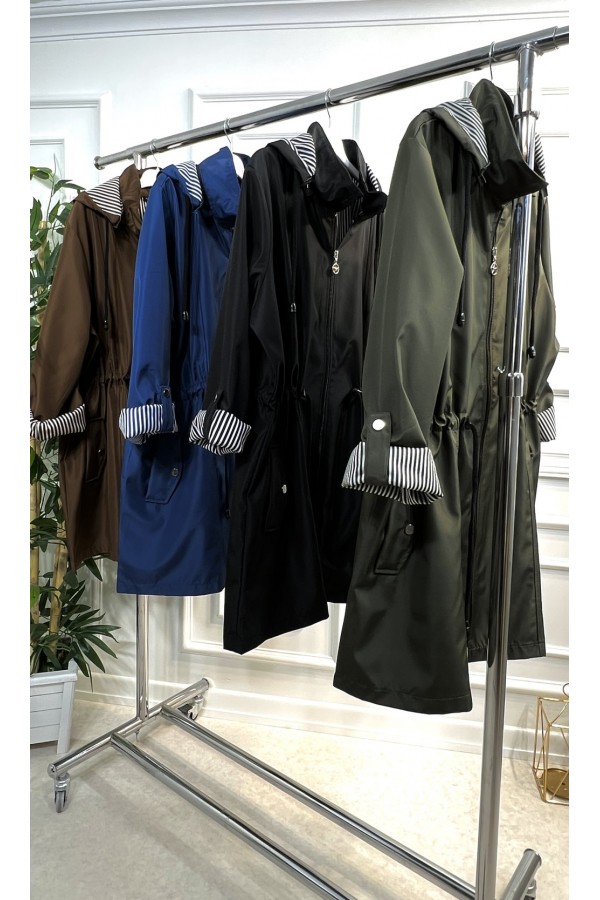 Nisa Çıkarılabilir Kapşonlu İçi Çizgili Kısa Trenç - Haki