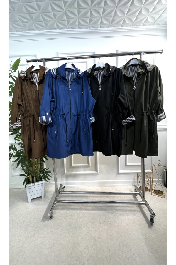 Nisa Çıkarılabilir Kapşonlu İçi Çizgili Kısa Trenç - Haki