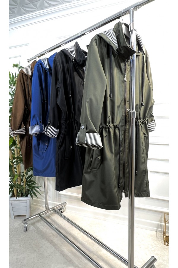 Nisa Çıkarılabilir Kapşonlu İçi Çizgili Kısa Trenç - Haki