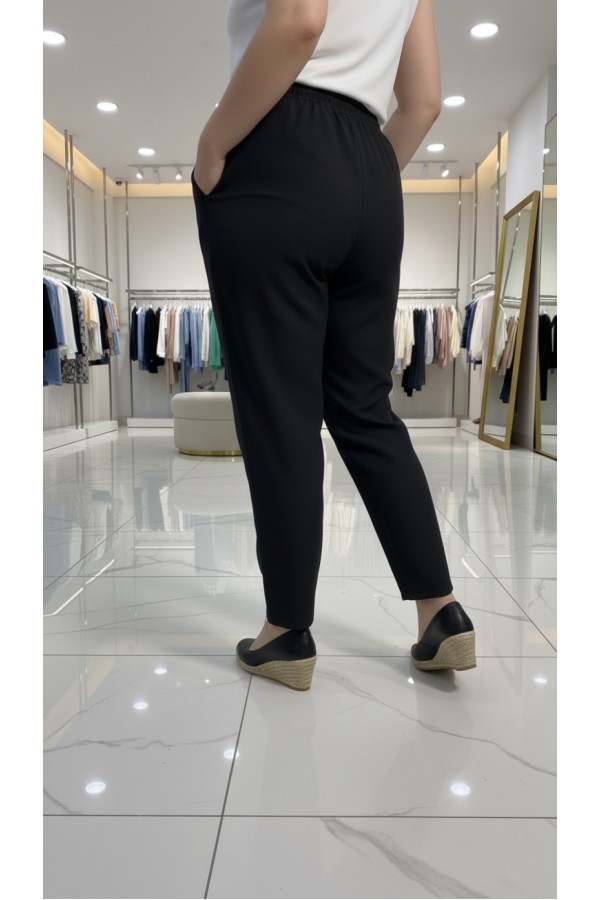 Cazibe İthal Dabıl Beli Lastikli Dar Paça Pantolon-Siyah 