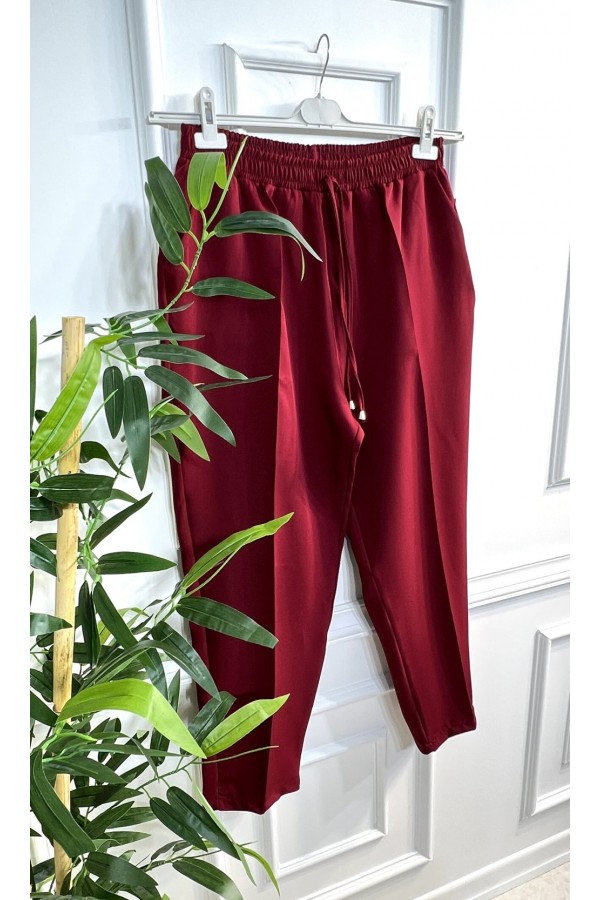 Cazibe İthal Dabıl Beli Lastikli Dar Paça Pantolon-Bordo