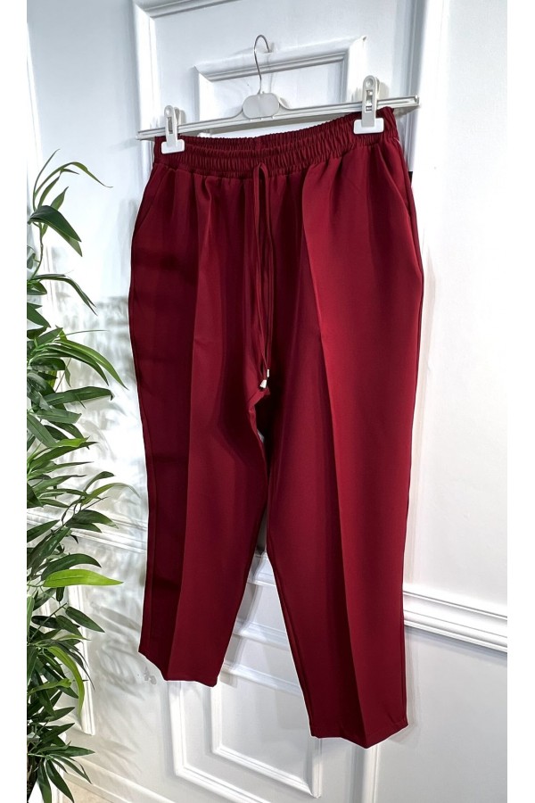 Cazibe İthal Dabıl Beli Lastikli Dar Paça Pantolon-Bordo