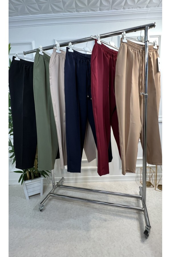 Cazibe İthal Dabıl Beli Lastikli Dar Paça Pantolon-Bordo