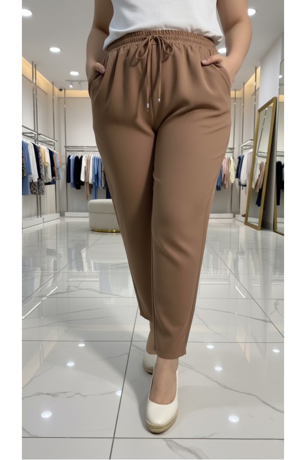 Cazibe İthal Dabıl Beli Lastikli Dar Paça Pantolon-Vizon
