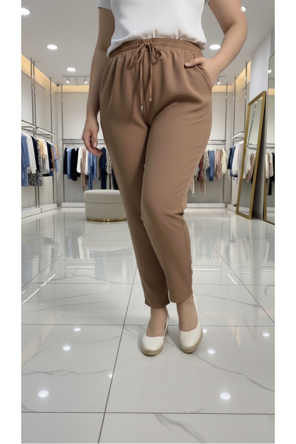 Cazibe İthal Dabıl Beli Lastikli Dar Paça Pantolon-Vizon