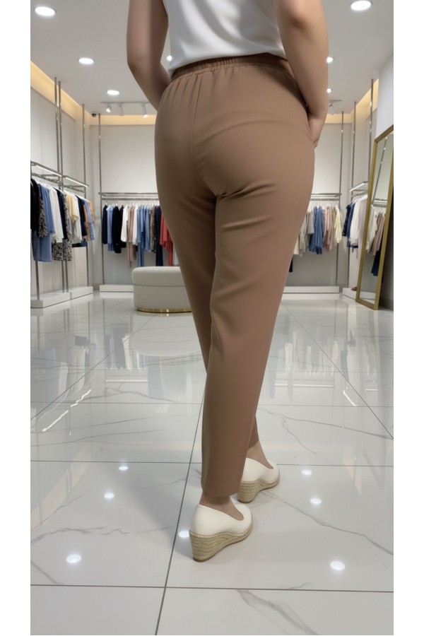 Cazibe İthal Dabıl Beli Lastikli Dar Paça Pantolon-Vizon