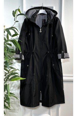 Rüya Çıkarılabilir Kapşonlu İçi Çizgili Ara Boy Trenç - Siyah