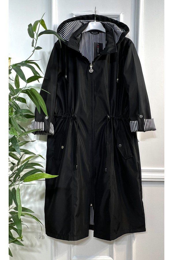 Rüya Çıkarılabilir Kapşonlu İçi Çizgili Ara Boy Trenç - Siyah