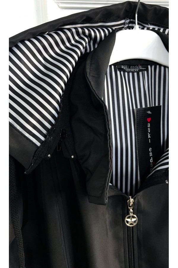 Rüya Çıkarılabilir Kapşonlu İçi Çizgili Ara Boy Trenç - Siyah