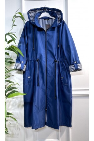 Rüya Çıkarılabilir Kapşonlu İçi Çizgili Ara Boy Trenç - Mavi