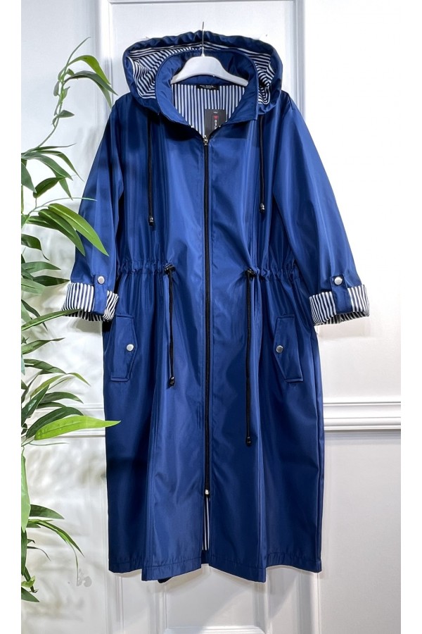 Rüya Çıkarılabilir Kapşonlu İçi Çizgili Ara Boy Trenç - Mavi