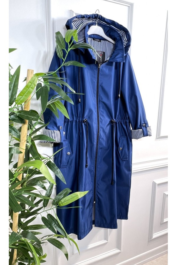 Rüya Çıkarılabilir Kapşonlu İçi Çizgili Ara Boy Trenç - Mavi