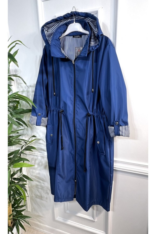 Rüya Çıkarılabilir Kapşonlu İçi Çizgili Ara Boy Trenç - Mavi